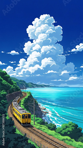 Japanese rural landscape illustration in cartoon style.