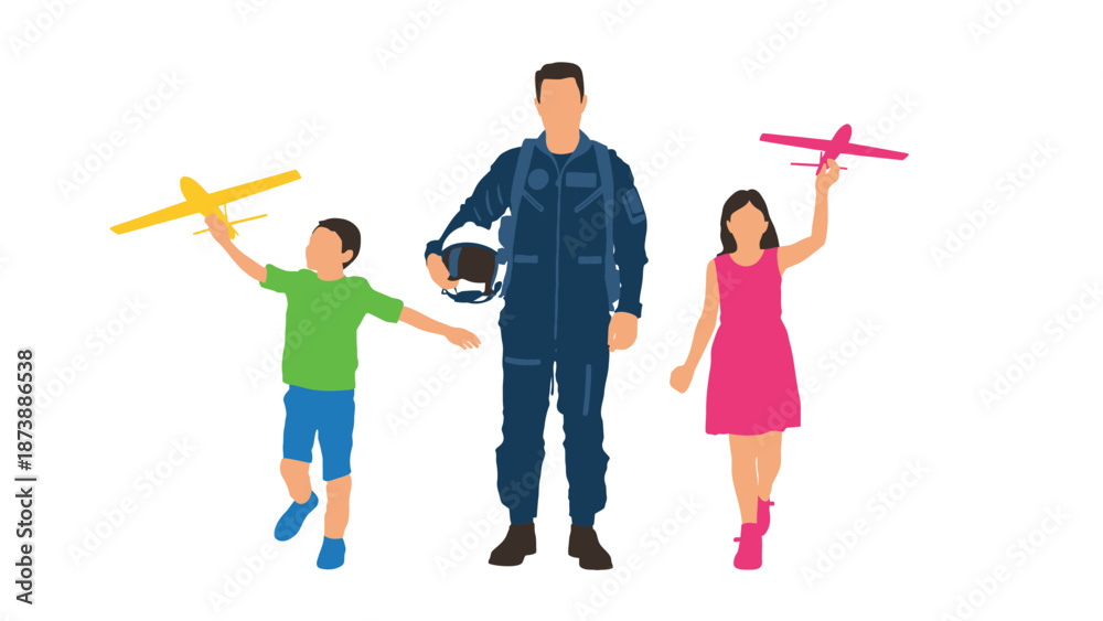 Fototapeta premium A pilot in a blue uniform stands with his children holding toy airplanes.