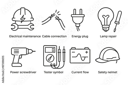 Electrical maintenance tools and symbols: cable, plug, screwdriver, tester, helmet, current
