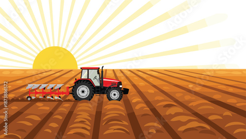 Tractor plowing agricultural field at sunrise with golden sun rays, rural farming landscape illustration showing crop cultivation and countryside agriculture