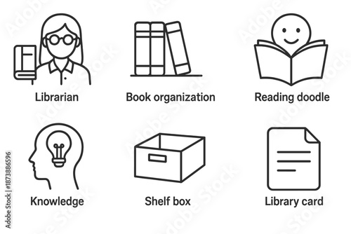 Library icon set: librarian, book organization, reading, knowledge, shelf box, card