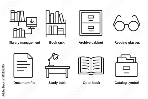 Library management icons: book rack, archive cabinet, reading glasses, study table, open book