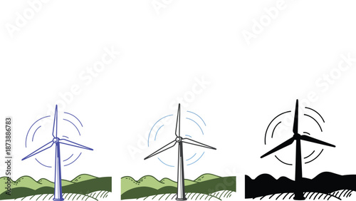 An illustration of wind turbines in various stages of operation and environment