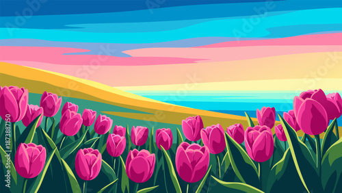Vibrant Field of Pink Tulips Under a Colorful Sunset Sky