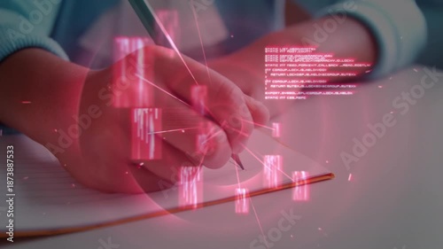 Animation of data processing over hands of caucasian child writing at school