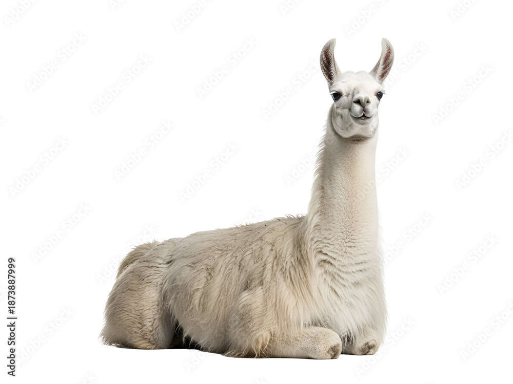 Fototapeta premium Elegant Cream-colored Fluffy Llama Animal Standing in Profile, a Beautiful Full-Body Mammal Portrait, isolated on transparent background for Cut-Out Designs.