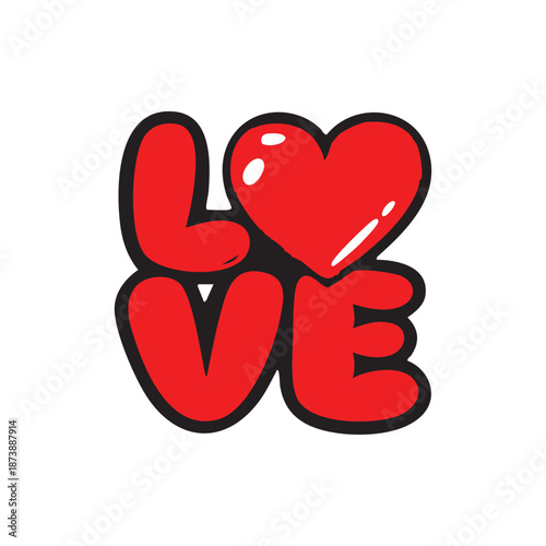Love lettering with red heart in graffiti style with black outline illustration