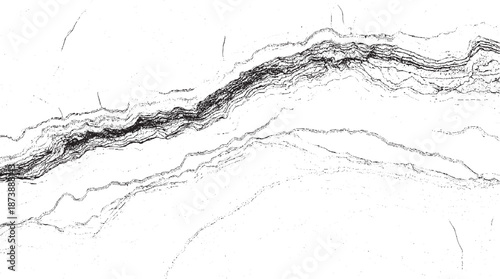 Abstract representation of geological layers or strata with fine lines and granular textures on a white background