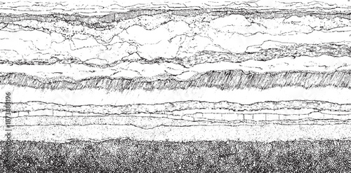 Detailed monochrome of geological strata showing distinct layers with varied textures and hatching techniques representing soil and rock formations