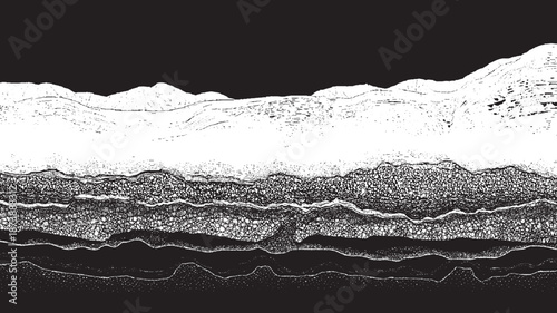 Abstract monochrome cross-section of geological strata with varied textures and undulating layers creating a visually complex and organic pattern