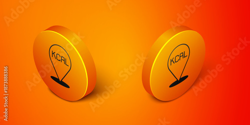 Isometric Kcal icon isolated on isolated on orange background. Health food. Orange circle button. Vector
