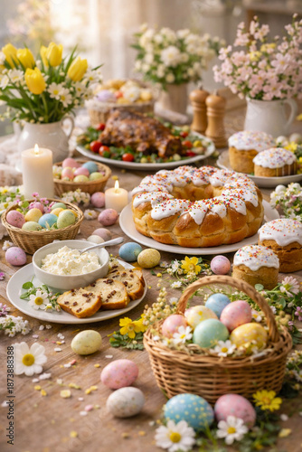 Traditional Easter Table Filled with Festive Bread Eggs and Flowers