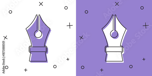Set Fountain pen nib icon isolated on white and purple background. Pen tool sign. Vector