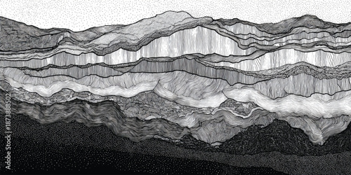 Intricate ink of layered mountain ranges with varied line work and stippling creating depth and texture