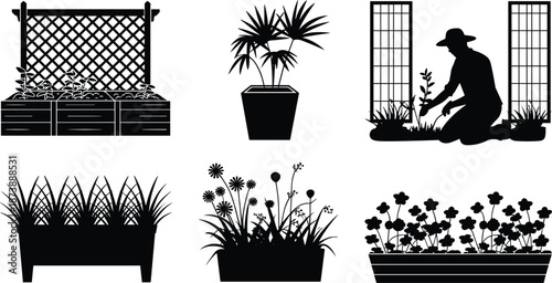 Garden silhouettes vector set, black gardening scenes with planters, flowers, trellis, potted plants and kneeling gardener outdoor landscape elements