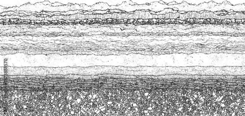 Detailed monochrome cross-section abstract background with layered textures resembling geological strata or sedimentary rock formations