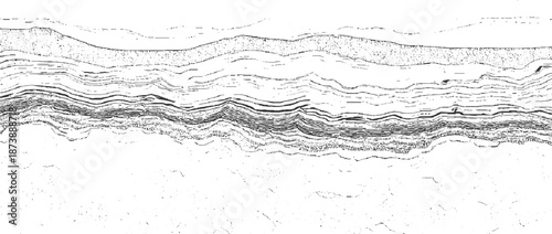 Abstract layered geological strata visualization with wavy lines and shaded areas in monochrome, suggesting underground formations or seismic data