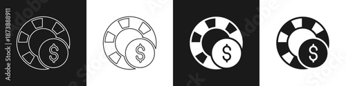 Set Casino chips icon isolated on black and white background. Casino gambling. Vector