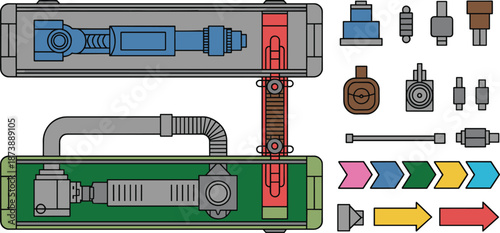 Industrial hydraulic actuator and pump system vector illustration, mechanical drive assembly with valves, connectors, piping, components and directional flow arrows