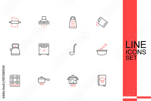 Set line Cookbook, Cooking pot on fire, Gas stove, whisk with bowl, Kitchen ladle, Oven and Kettle handle icon. Vector
