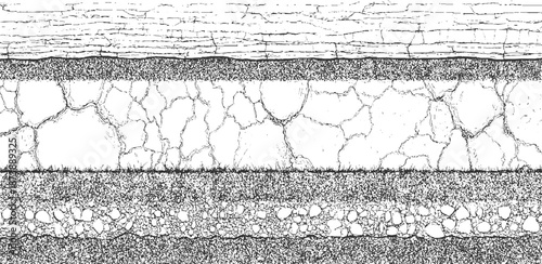 Layered cross-section of earth strata showing cracked dry soil, gravel, and grass layers in a detailed monochrome