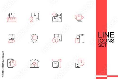Set line Waybill, Cardboard box measurement, Warehouse check, Document tracking marker, Carton cardboard, Location with and Delivery hand icon. Vector