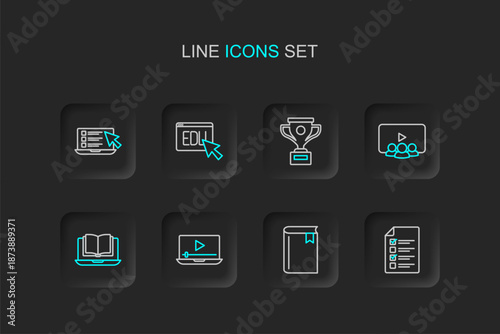 Set line Online quiz, test, survey, Book, play video, class, Award cup, education and icon. Vector