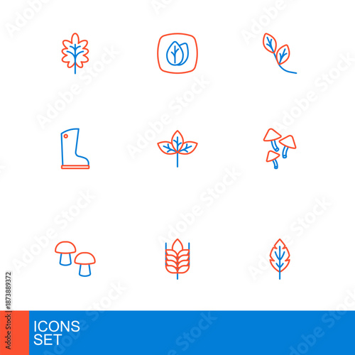 Set line Leaf, Wheat, Mushroom, Waterproof rubber boot, Winter hat, and icon. Vector