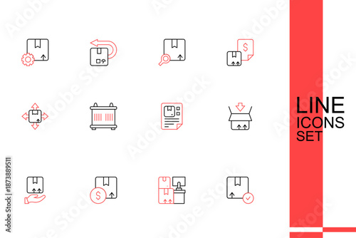 Set line Carton cardboard box, Warehouse with boxes, Delivery hand, Waybill, Container and icon. Vector