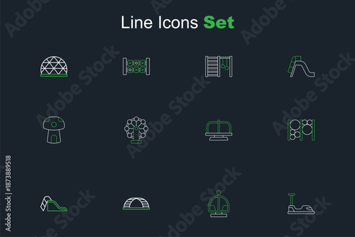 Set line Bumper car, Attraction carousel, Monkey bar, Slide playground, Playground climbing equipment, Swing for kids and Mushroom house icon. Vector
