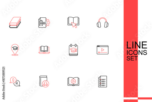 Set line Online quiz, test, survey, Audio book, Question and Answer, play video, education, class and icon. Vector