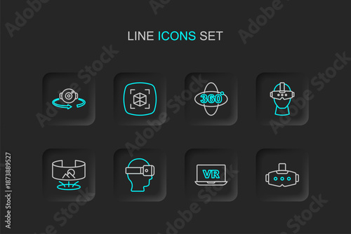 Set line Virtual reality glasses, 360 degree view, 3d modeling and icon. Vector