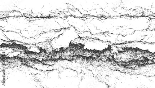 Close-up black and white abstract texture of weathered rock or dried mud with deep fissures and irregular, rough surfaces creating a sense of age and natural decay with a strong contrast