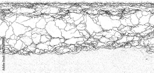 Detailed black and white abstract pattern resembling cracked earth or ice formations with granular texture at the bottom