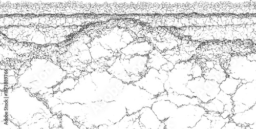 Abstract monochrome texture of fractured surfaces and granular suggesting geological strata or cracked ground with varying density