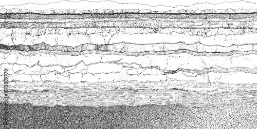 Detailed black and white of geological strata showing distinct layers with varied textures and crackled surfaces resembling sedimentary rock formations