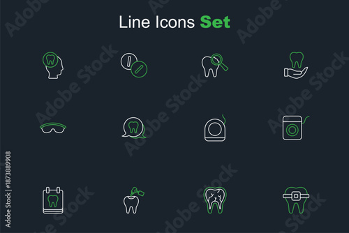 Set line Teeth with braces, Broken tooth, Tooth caries and drill, Calendar, Dental floss, and Safety goggle glasses icon. Vector
