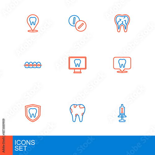 Set line Syringe, Broken tooth, Dental protection, clinic location, Teeth with braces, Online dental care, and Toothache painkiller tablet icon. Vector