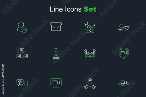 Set line 360 degree view, Meeting, Video chat conference, Question and Answer, and icon. Vector