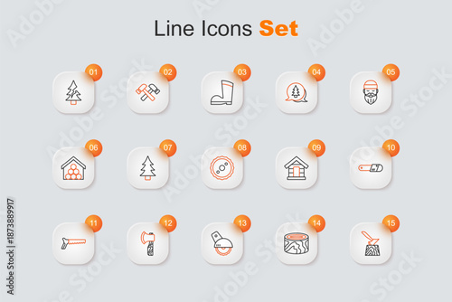 Set line Wooden axe in stump, logs, Electric circular saw, Hand, Chainsaw, Dog house and Circular blade icon. Vector