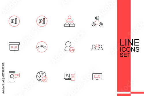 Set line Video chat conference, Meeting, Telephone handset and icon. Vector