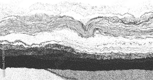 Abstract monochromatic stippled and lined geological strata cross-section showcasing layered rock formations with varying textures and depths creating a sense of geological history and natural