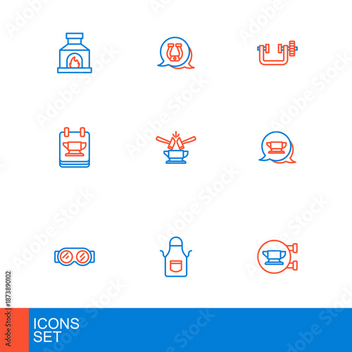 Set line Blacksmith anvil tool, apron, Welding glasses, Anvil and hammer, Clamp screw and Horseshoe icon. Vector