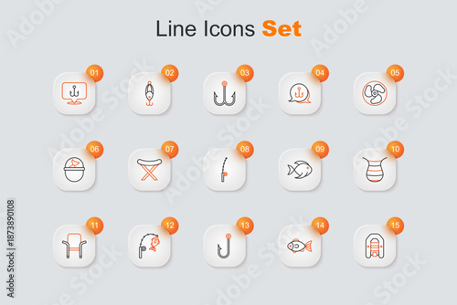 Set line Inflatable boat with motor, Fish, Fisherman, Fishing rod and fish, Camping folding chair, net, bucket and icon. Vector