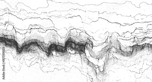 Detailed monochrome abstract representing geological cross-section with undulating layers and textured rock formations