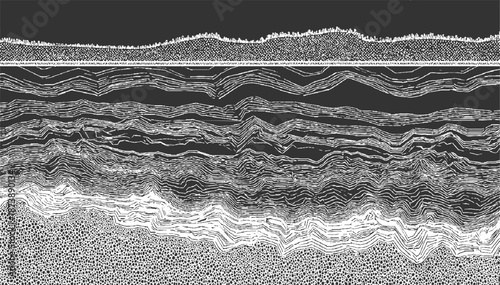 Detailed monochromatic abstract of geological strata cross-section with intricate linework and stippled textures revealing layered rock formations and subterranean complexity in black and white