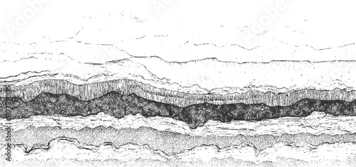 Abstract monochrome textured background with layered geological strata and organic wavy patterns rendered in detailed line and stippling techniques
