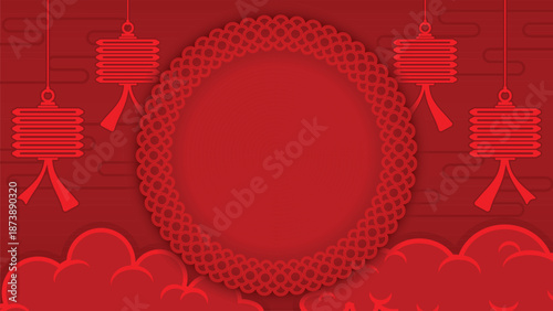 The illustration is used in a design for a celebratory event, featuring decorations of clouds and lanterns for the Chinese New Year festival, primarily using the color red.