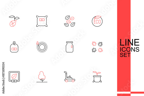 Set line Plant in pot, Lawn mower, Fruit tree, Seeds of specific plant, Colorado beetle, Glass jar with screw-cap, Garden hose and Pack full seeds icon. Vector