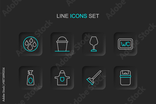 Set line Trash can, Mop, Kitchen apron, Cleaning spray with detergent, Toilet, Wine glass, Bucket and Water drop icon. Vector